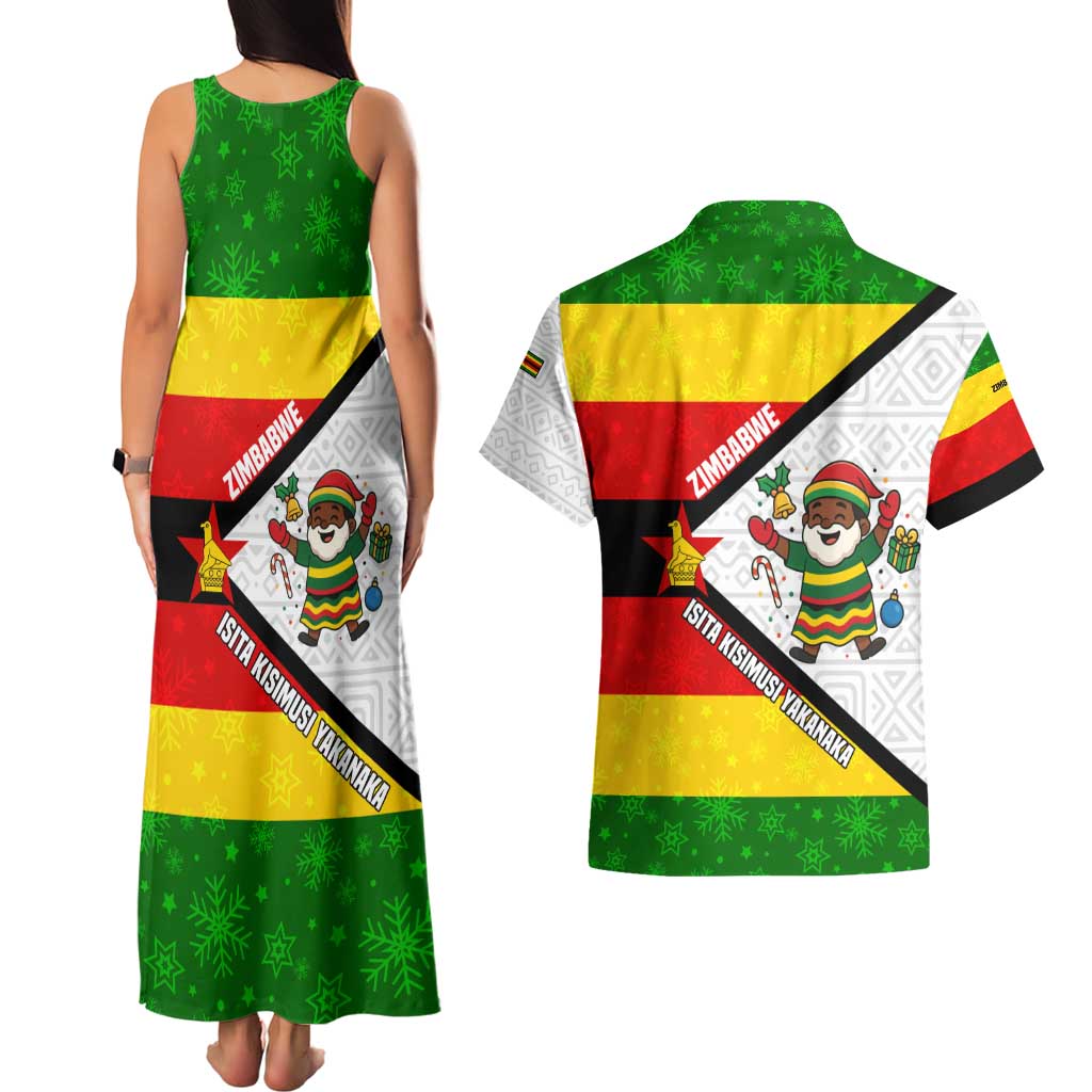 Zimbabwe Christmas Couples Matching Tank Maxi Dress and Hawaiian Shirt with Festive Santa Palm Tree and Red Yellow Green Flag - Wonder Print Shop