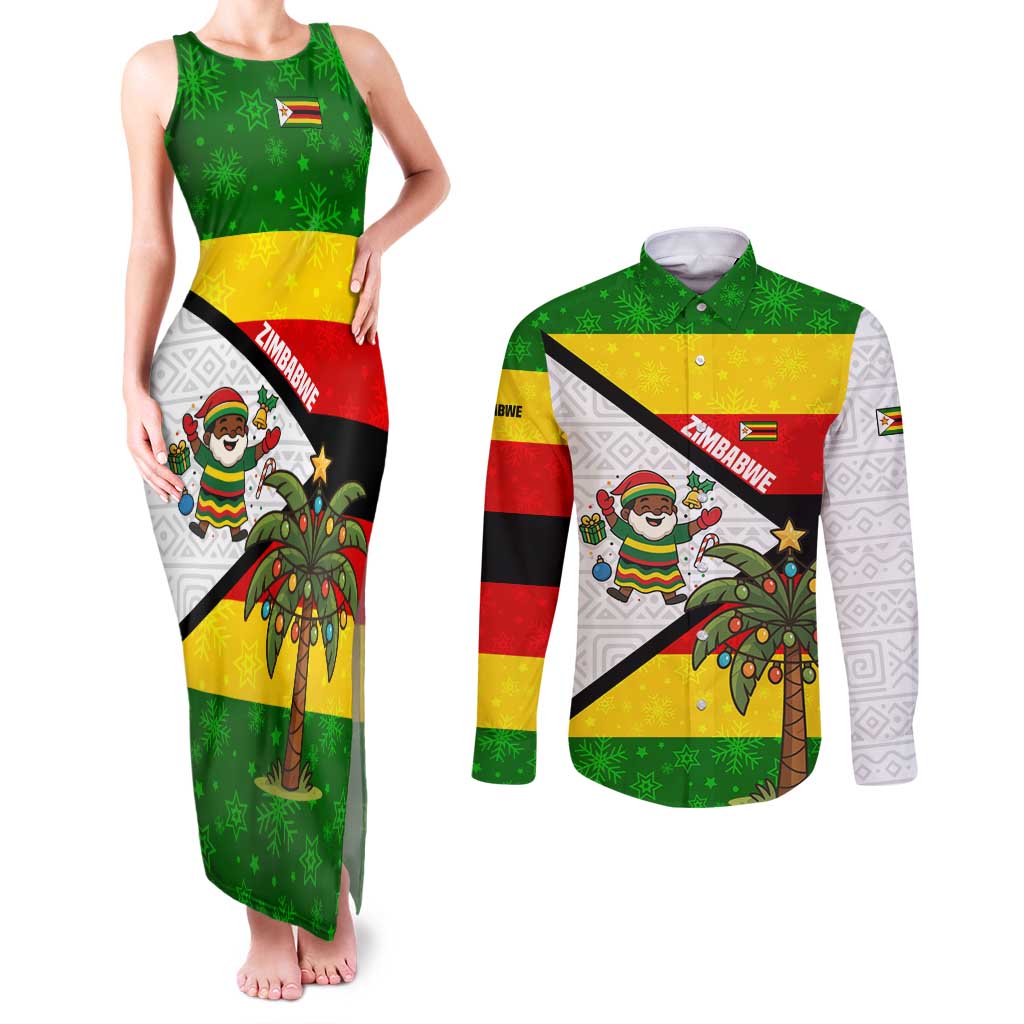 Zimbabwe Christmas Couples Matching Tank Maxi Dress and Long Sleeve Button Shirt with Festive Santa Palm Tree and Red Yellow Green Flag - Wonder Print Shop