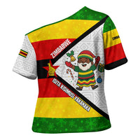 Zimbabwe Christmas Cross Shoulder Shirt with Festive Santa Palm Tree and Red Yellow Green Flag - Wonder Print Shop