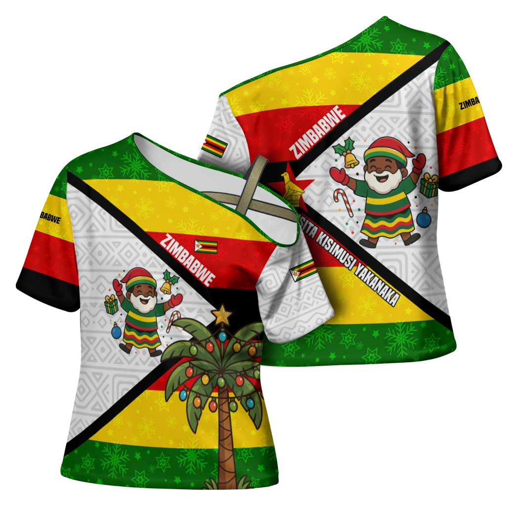 Zimbabwe Christmas Cross Shoulder Shirt with Festive Santa Palm Tree and Red Yellow Green Flag - Wonder Print Shop