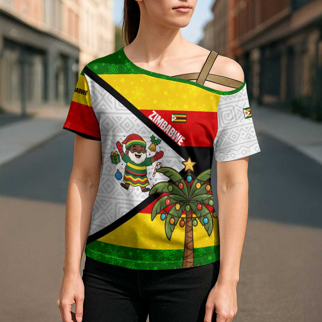 Zimbabwe Christmas Cross Shoulder Shirt with Festive Santa Palm Tree and Red Yellow Green Flag - Wonder Print Shop