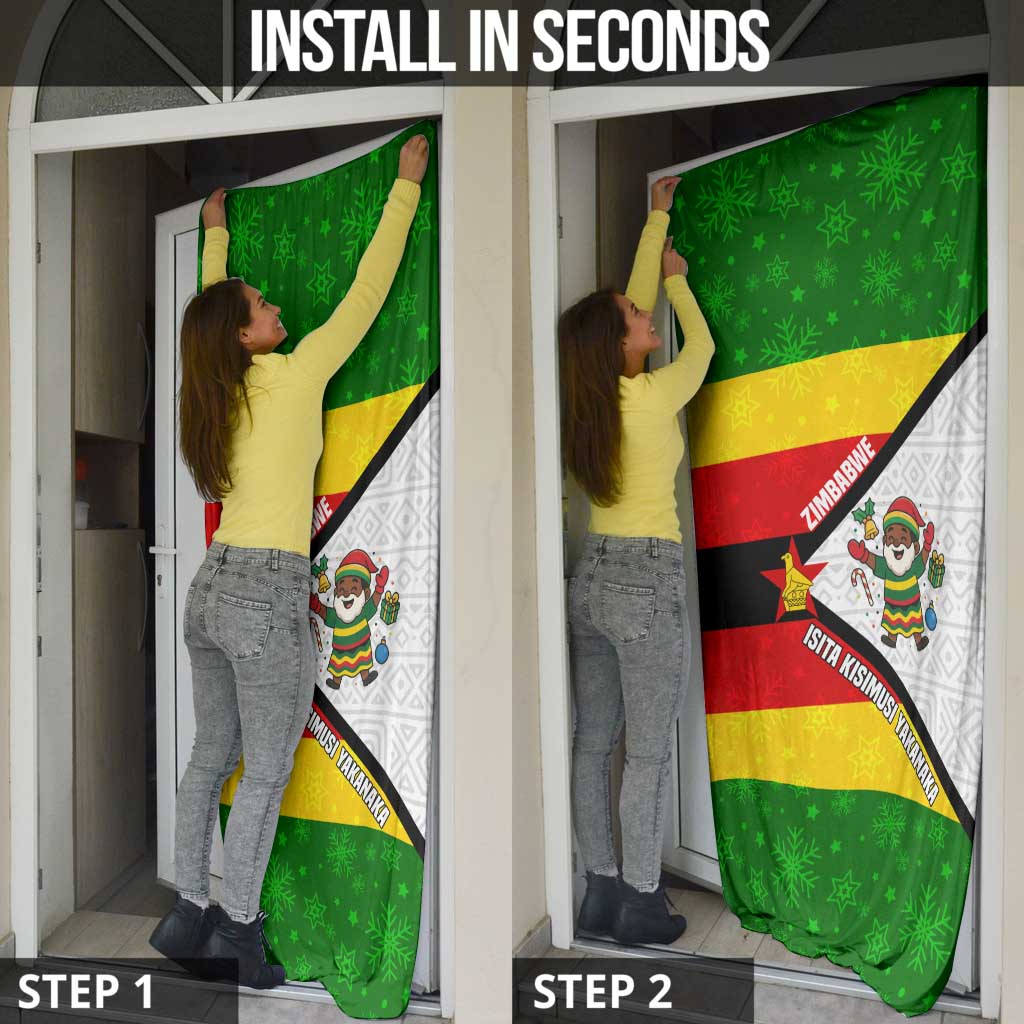 Zimbabwe Christmas Door Cover with Festive Santa Palm Tree and Red Yellow Green Flag - Wonder Print Shop