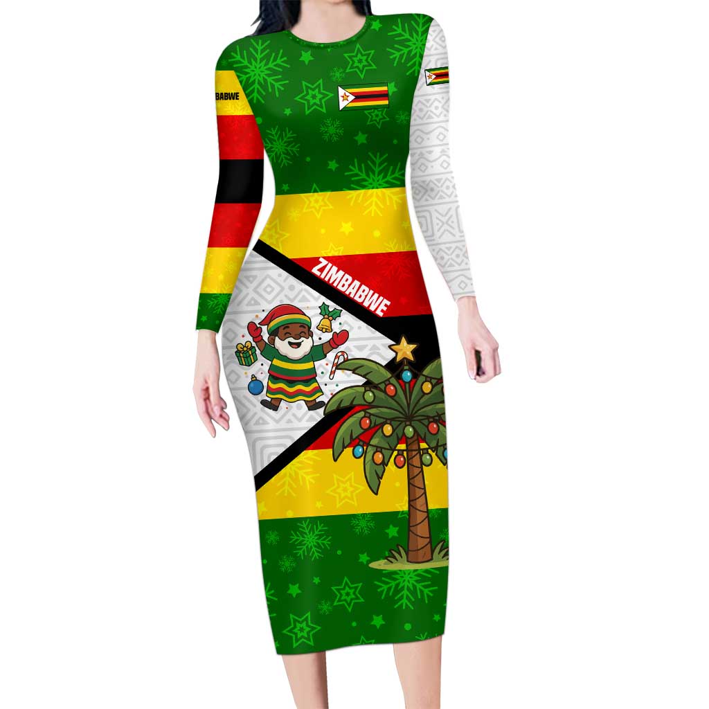 Zimbabwe Christmas Family Matching Long Sleeve Bodycon Dress and Hawaiian Shirt with Festive Santa Palm Tree and Red Yellow Green Flag - Wonder Print Shop