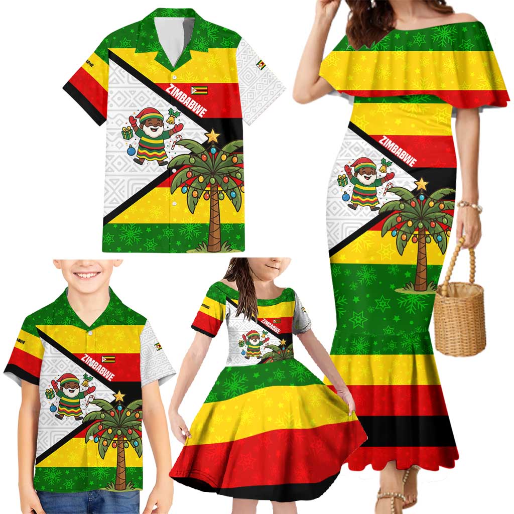 Zimbabwe Christmas Family Matching Mermaid Dress and Hawaiian Shirt with Festive Santa Palm Tree and Red Yellow Green Flag - Wonder Print Shop