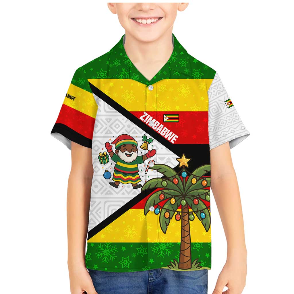 Zimbabwe Christmas Family Matching Mermaid Dress and Hawaiian Shirt with Festive Santa Palm Tree and Red Yellow Green Flag - Wonder Print Shop