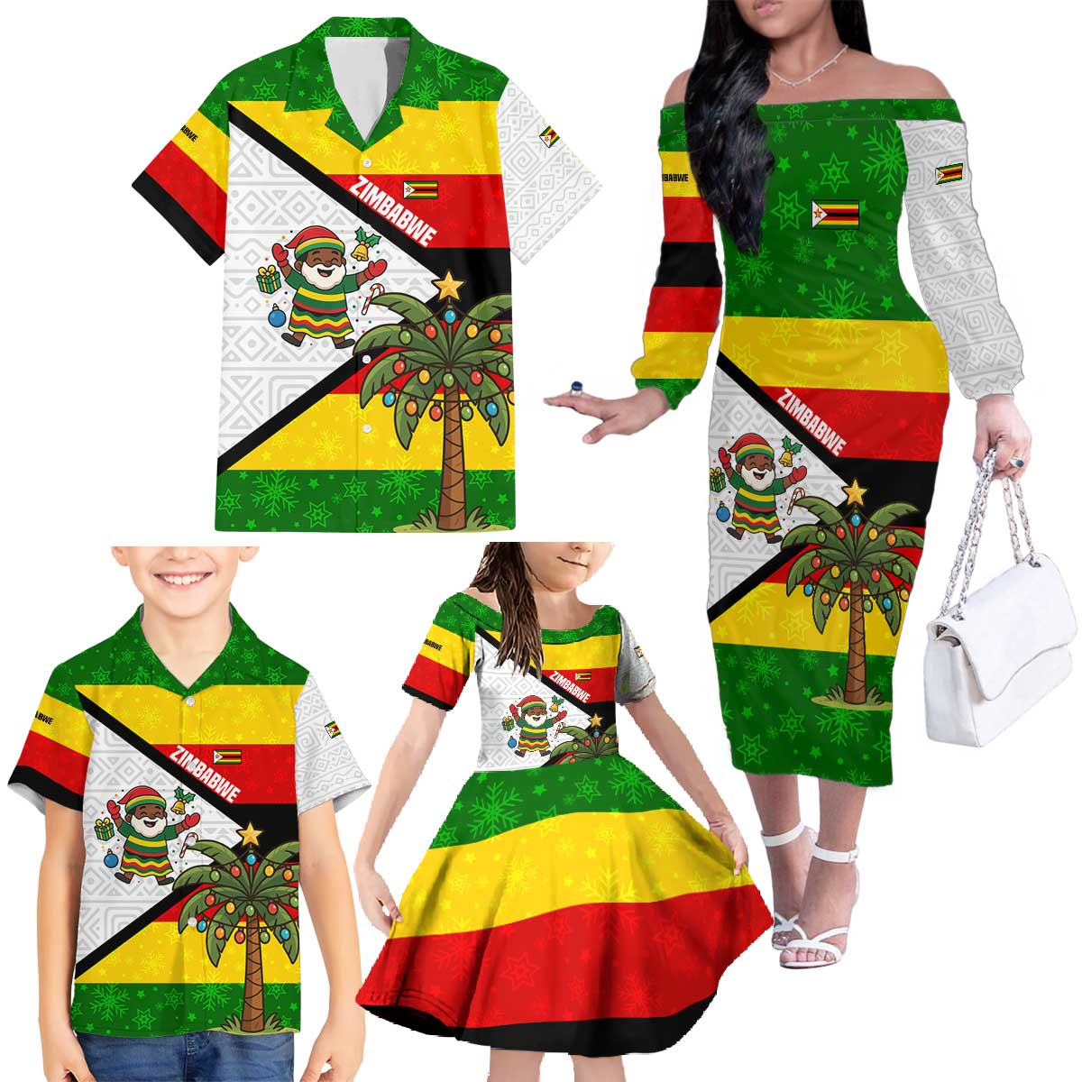 Zimbabwe Christmas Family Matching Off The Shoulder Long Sleeve Dress and Hawaiian Shirt with Festive Santa Palm Tree and Red Yellow Green Flag - Wonder Print Shop