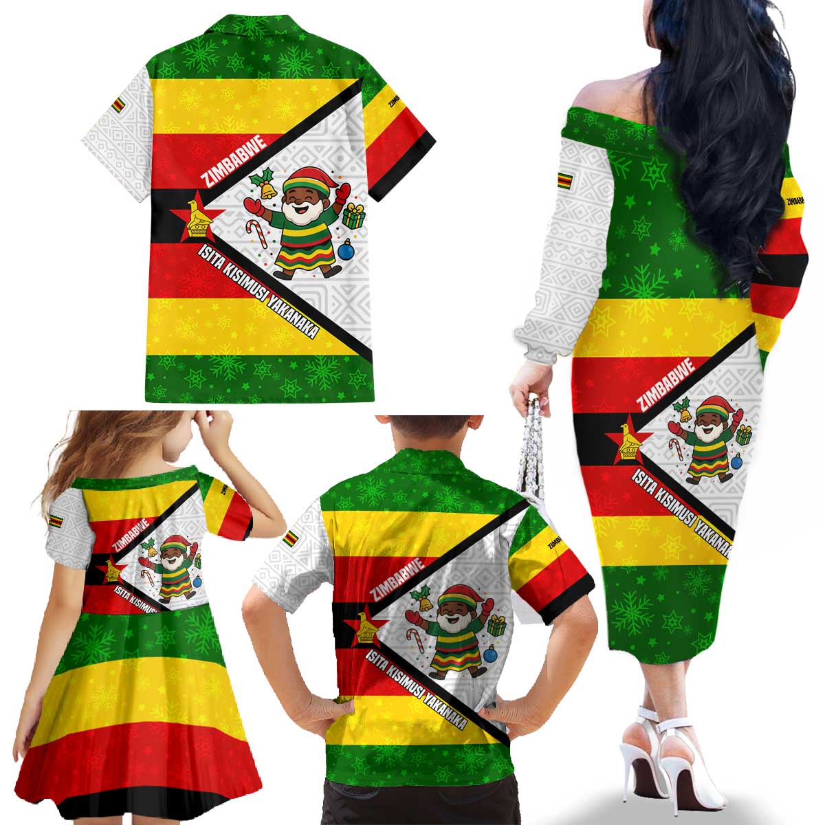 Zimbabwe Christmas Family Matching Off The Shoulder Long Sleeve Dress and Hawaiian Shirt with Festive Santa Palm Tree and Red Yellow Green Flag - Wonder Print Shop