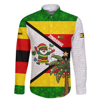 Zimbabwe Christmas Family Matching Off The Shoulder Long Sleeve Dress and Hawaiian Shirt with Festive Santa Palm Tree and Red Yellow Green Flag - Wonder Print Shop