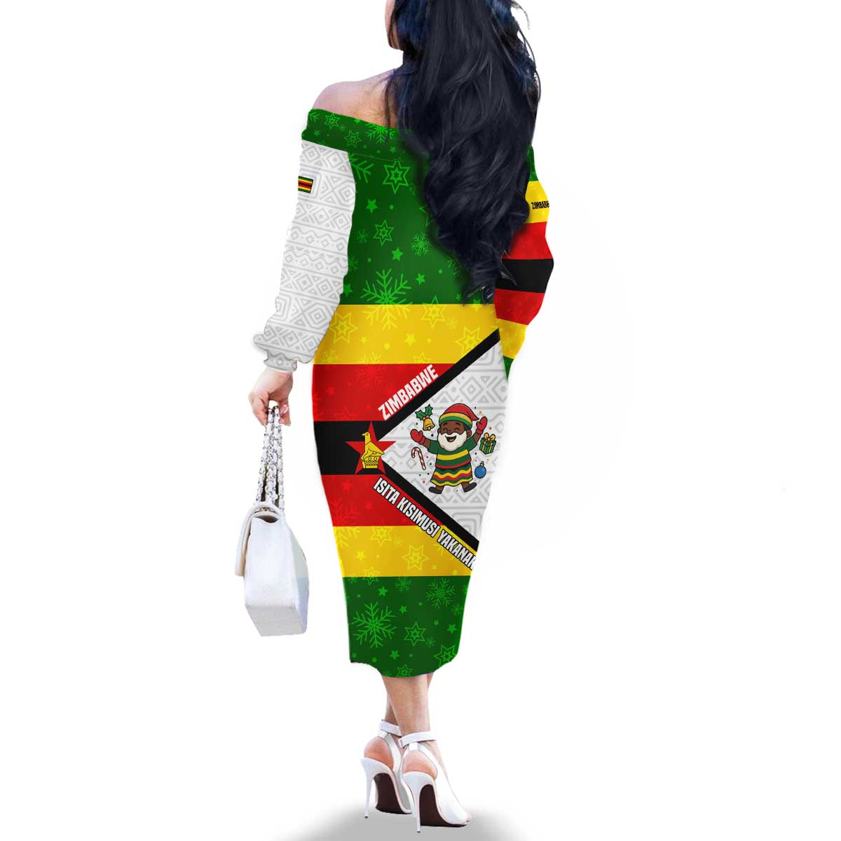 Zimbabwe Christmas Family Matching Off The Shoulder Long Sleeve Dress and Hawaiian Shirt with Festive Santa Palm Tree and Red Yellow Green Flag - Wonder Print Shop