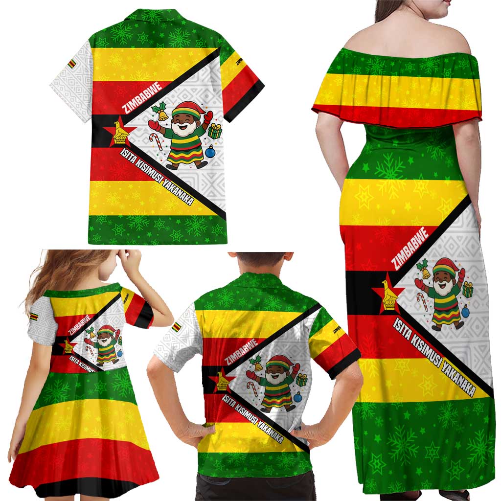 Zimbabwe Christmas Family Matching Off Shoulder Maxi Dress and Hawaiian Shirt with Festive Santa Palm Tree and Red Yellow Green Flag - Wonder Print Shop