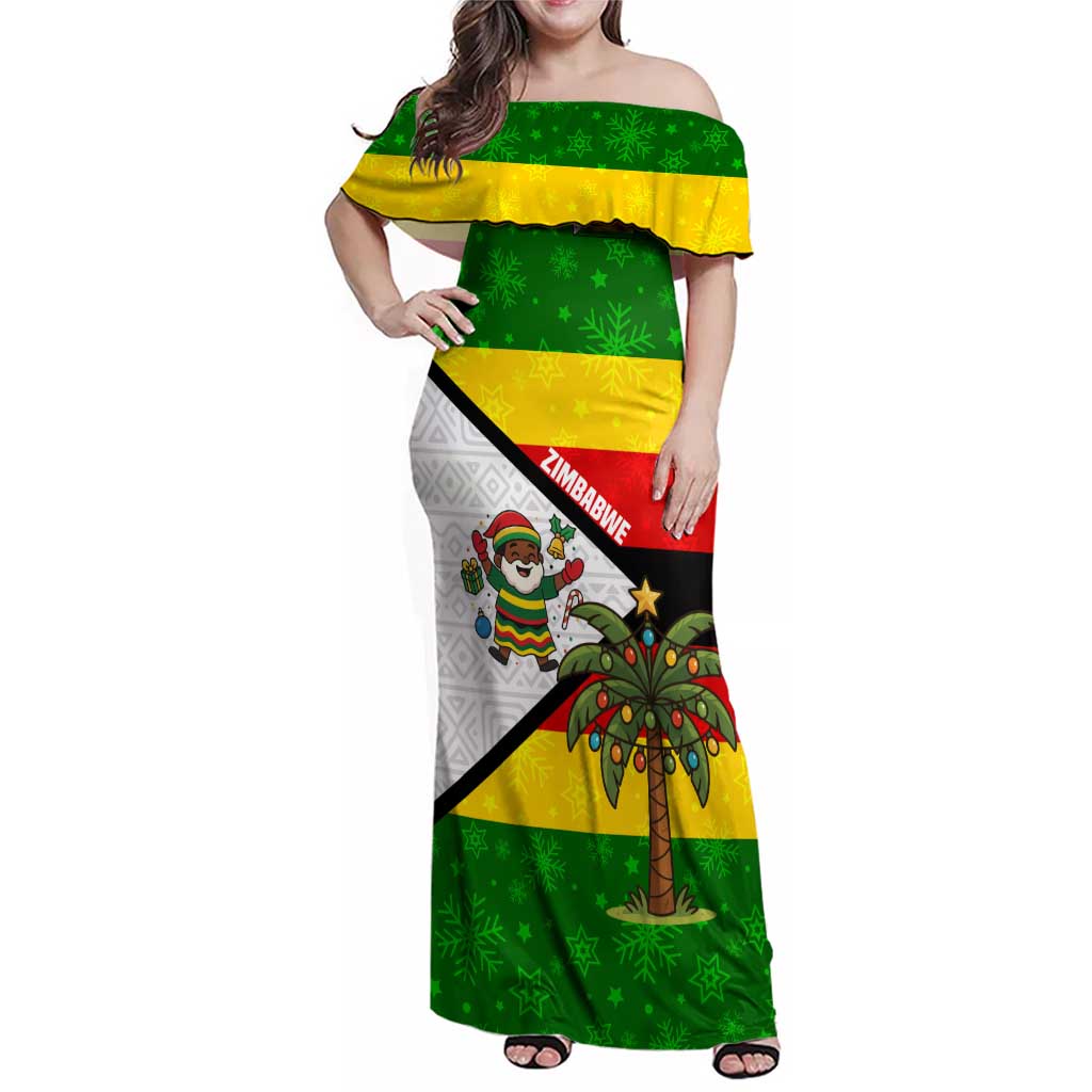 Zimbabwe Christmas Family Matching Off Shoulder Maxi Dress and Hawaiian Shirt with Festive Santa Palm Tree and Red Yellow Green Flag - Wonder Print Shop