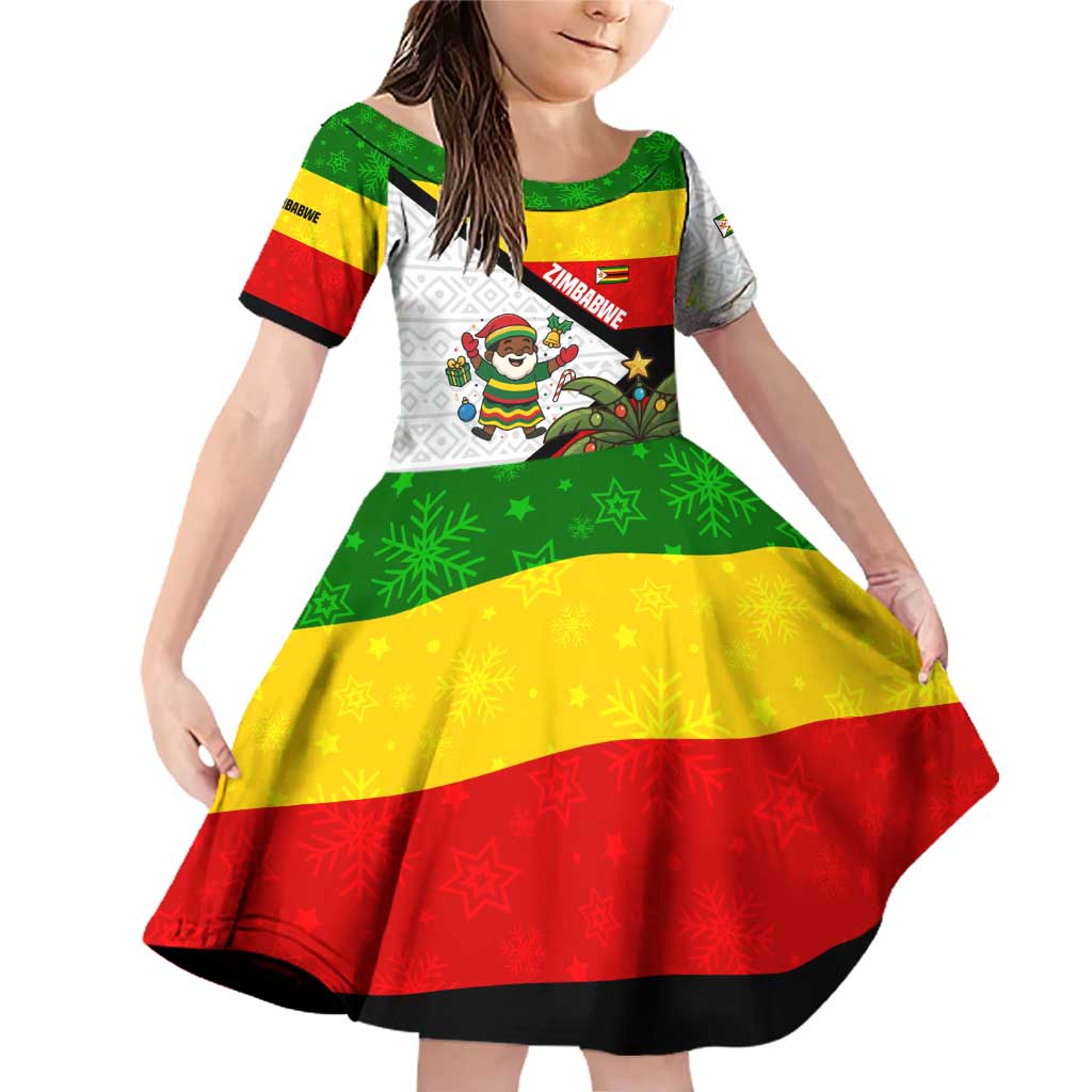 Zimbabwe Christmas Family Matching Off Shoulder Short Dress and Hawaiian Shirt with Festive Santa Palm Tree and Red Yellow Green Flag - Wonder Print Shop