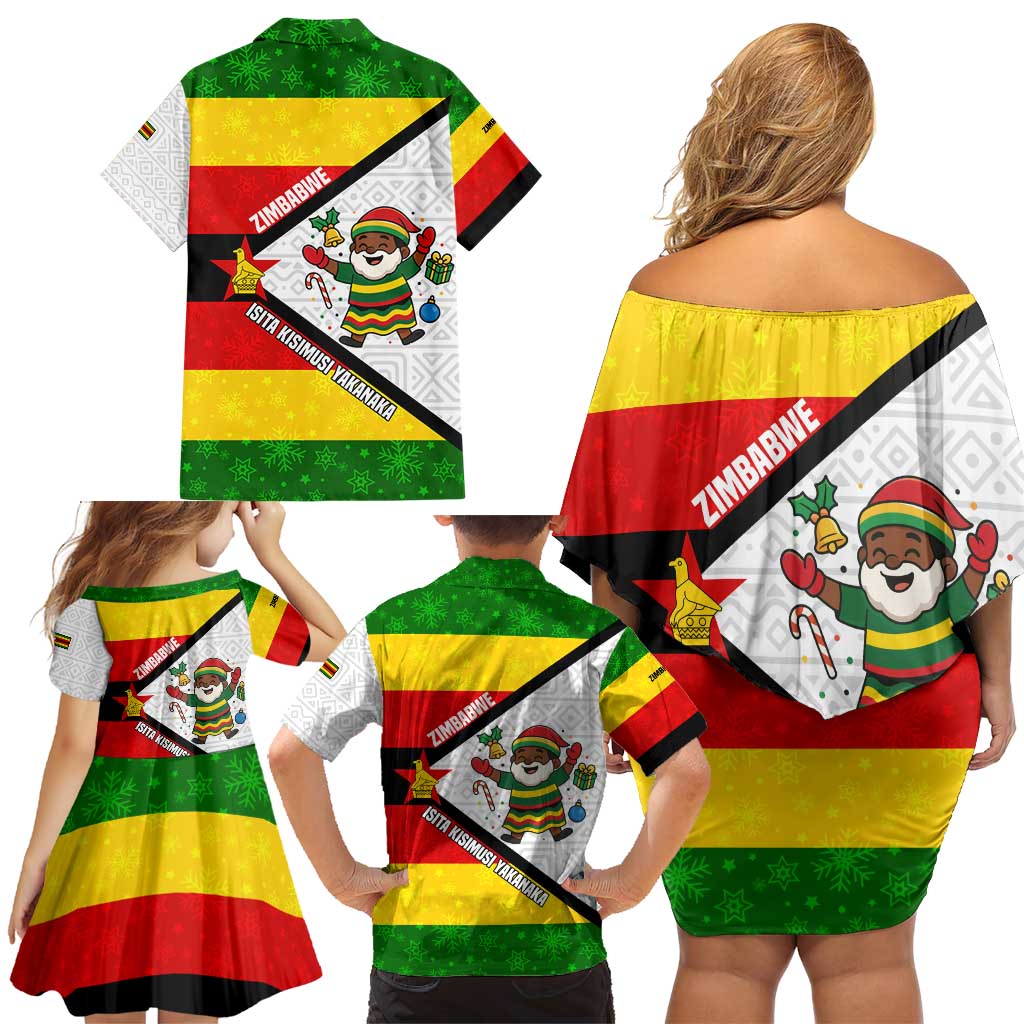 Zimbabwe Christmas Family Matching Off Shoulder Short Dress and Hawaiian Shirt with Festive Santa Palm Tree and Red Yellow Green Flag - Wonder Print Shop