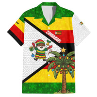 Zimbabwe Christmas Family Matching Off Shoulder Short Dress and Hawaiian Shirt with Festive Santa Palm Tree and Red Yellow Green Flag - Wonder Print Shop