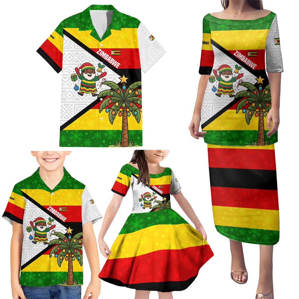 Zimbabwe Christmas Family Matching Puletasi and Hawaiian Shirt with Festive Santa Palm Tree and Red Yellow Green Flag - Wonder Print Shop