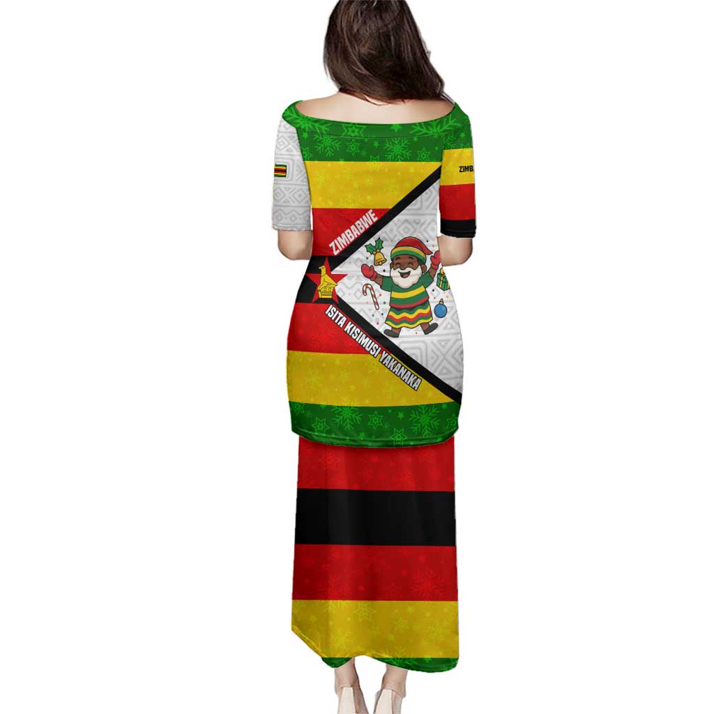 Zimbabwe Christmas Family Matching Puletasi and Hawaiian Shirt with Festive Santa Palm Tree and Red Yellow Green Flag - Wonder Print Shop