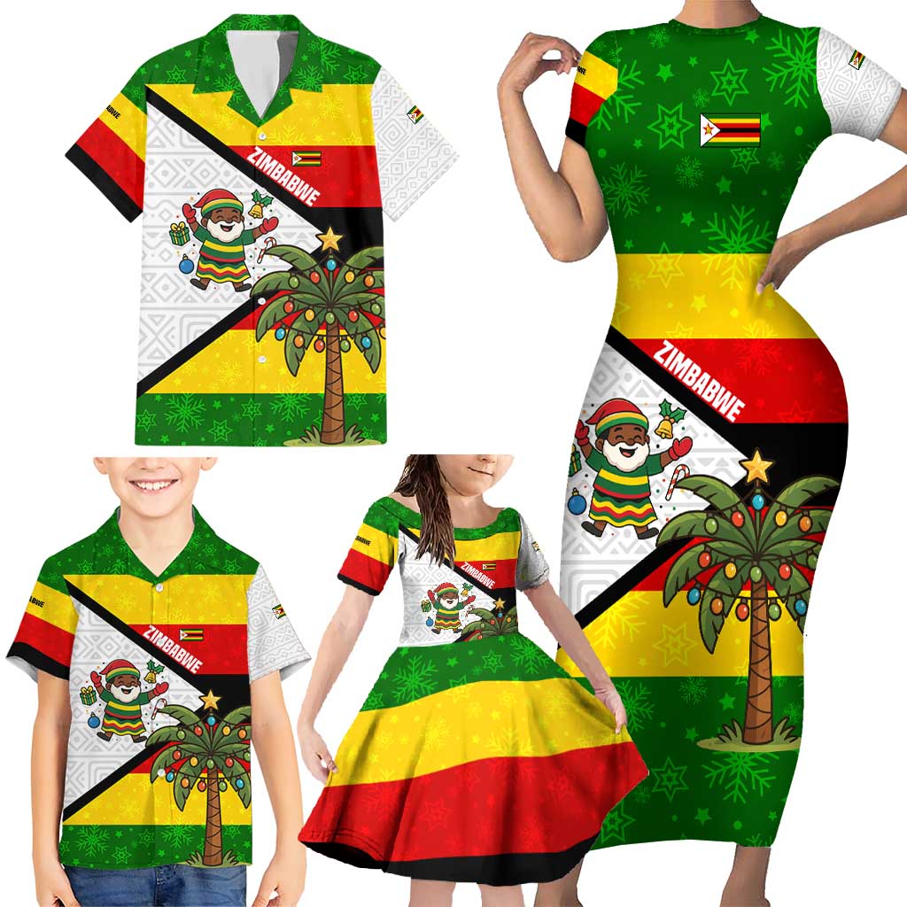 Zimbabwe Christmas Family Matching Short Sleeve Bodycon Dress and Hawaiian Shirt with Festive Santa Palm Tree and Red Yellow Green Flag - Wonder Print Shop