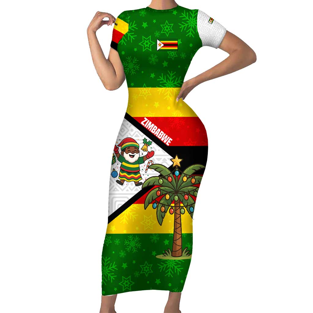 Zimbabwe Christmas Family Matching Short Sleeve Bodycon Dress and Hawaiian Shirt with Festive Santa Palm Tree and Red Yellow Green Flag - Wonder Print Shop