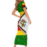 Zimbabwe Christmas Family Matching Short Sleeve Bodycon Dress and Hawaiian Shirt with Festive Santa Palm Tree and Red Yellow Green Flag - Wonder Print Shop