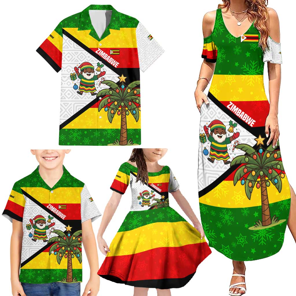 Zimbabwe Christmas Family Matching Summer Maxi Dress and Hawaiian Shirt with Festive Santa Palm Tree and Red Yellow Green Flag - Wonder Print Shop