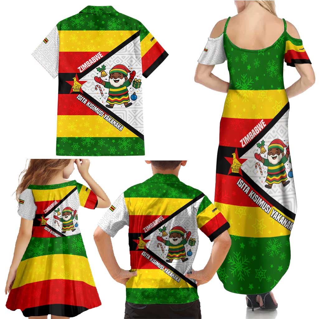 Zimbabwe Christmas Family Matching Summer Maxi Dress and Hawaiian Shirt with Festive Santa Palm Tree and Red Yellow Green Flag - Wonder Print Shop