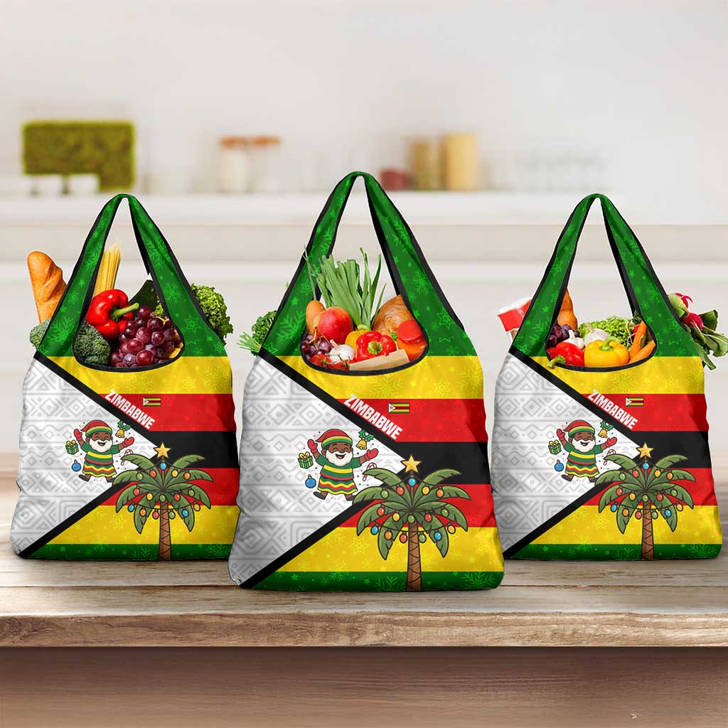 Zimbabwe Christmas Grocery Bag with Festive Santa Palm Tree and Red Yellow Green Flag - Wonder Print Shop