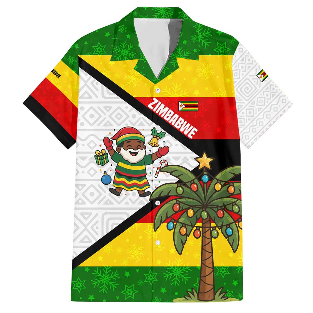 Zimbabwe Christmas Hawaiian Shirt with Festive Santa Palm Tree and Red Yellow Green Flag - Wonder Print Shop