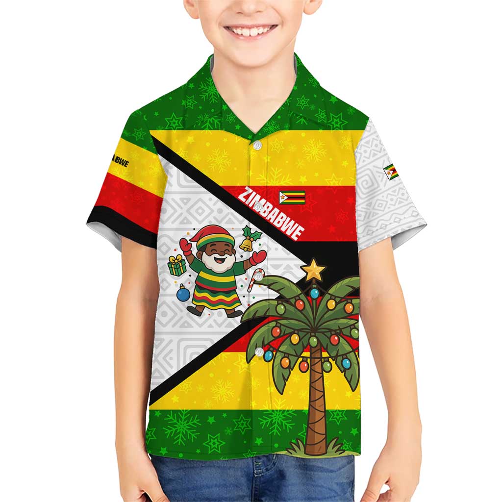 Zimbabwe Christmas Hawaiian Shirt with Festive Santa Palm Tree and Red Yellow Green Flag - Wonder Print Shop