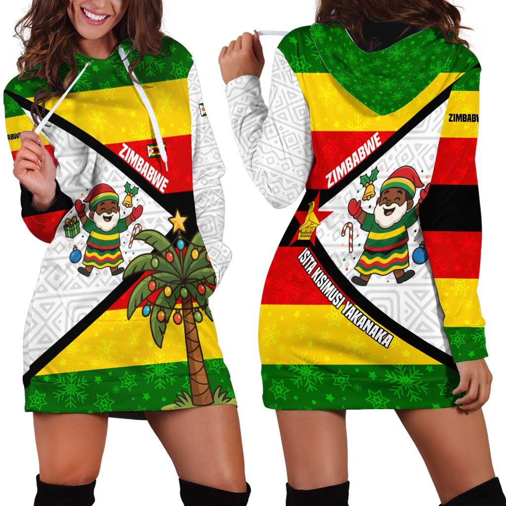 Zimbabwe Christmas Hoodie Dress with Festive Santa Palm Tree and Red Yellow Green Flag - Wonder Print Shop