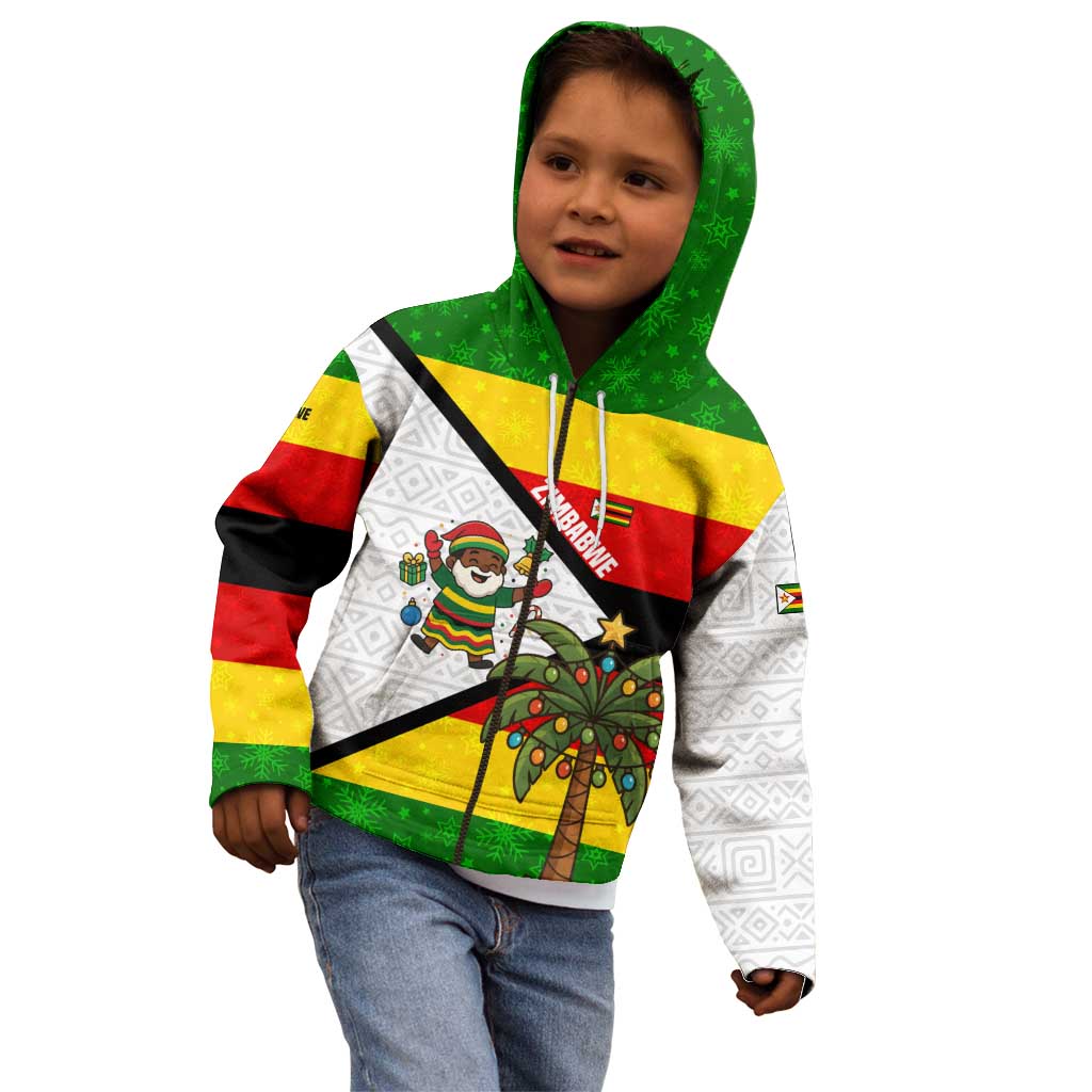 Zimbabwe Christmas Kid Hoodie with Festive Santa Palm Tree and Red Yellow Green Flag - Wonder Print Shop
