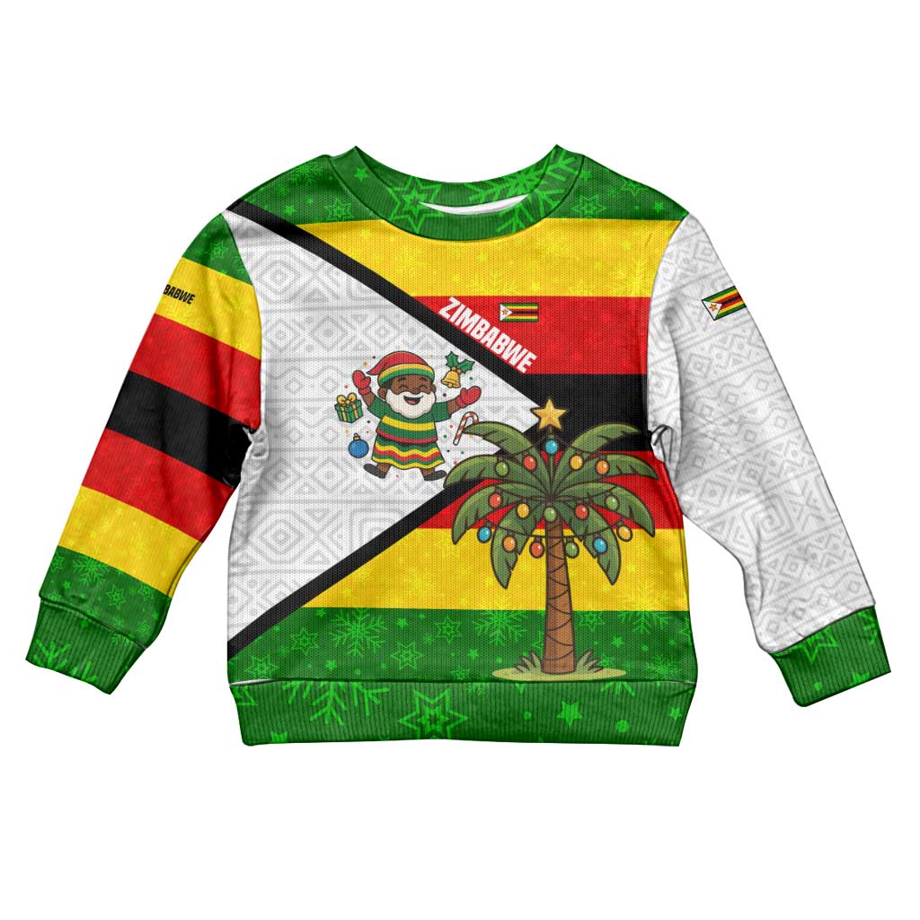 Zimbabwe Christmas Kid Ugly Christmas Sweater with Festive Santa Palm Tree and Red Yellow Green Flag - Wonder Print Shop