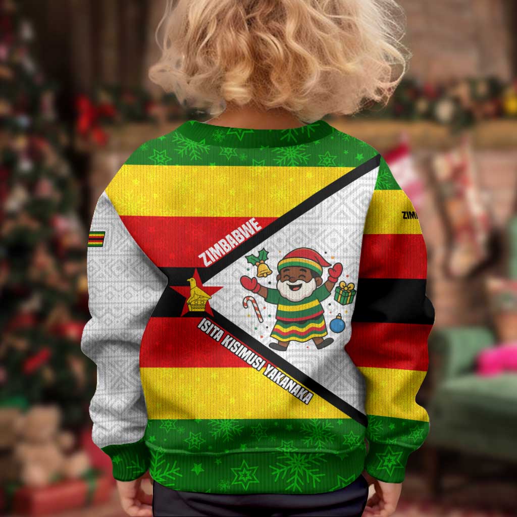 Zimbabwe Christmas Kid Ugly Christmas Sweater with Festive Santa Palm Tree and Red Yellow Green Flag - Wonder Print Shop