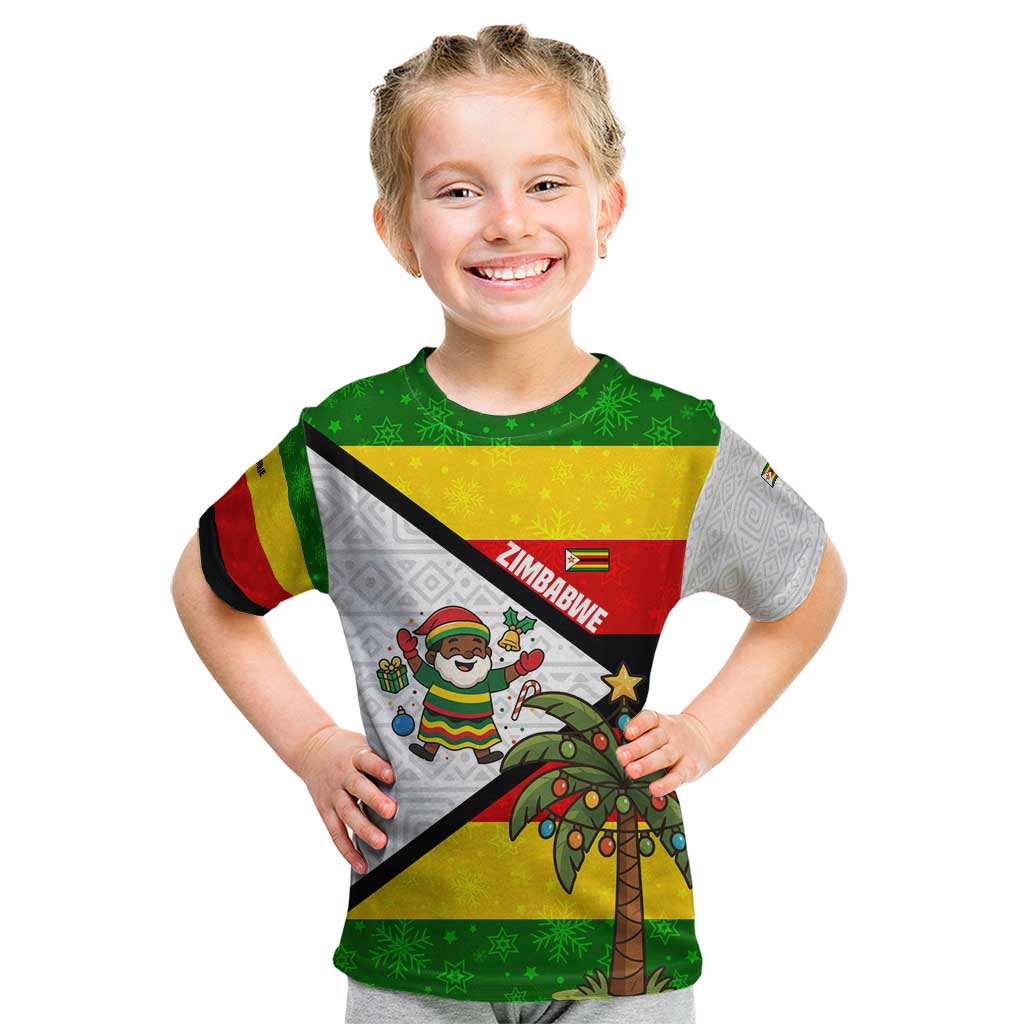 Zimbabwe Christmas Kid T Shirt with Festive Santa Palm Tree and Red Yellow Green Flag - Wonder Print Shop