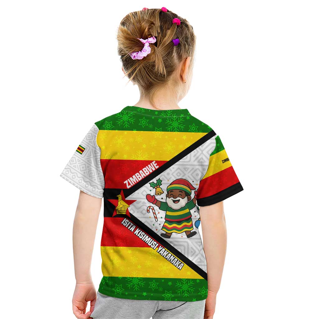 Zimbabwe Christmas Kid T Shirt with Festive Santa Palm Tree and Red Yellow Green Flag - Wonder Print Shop