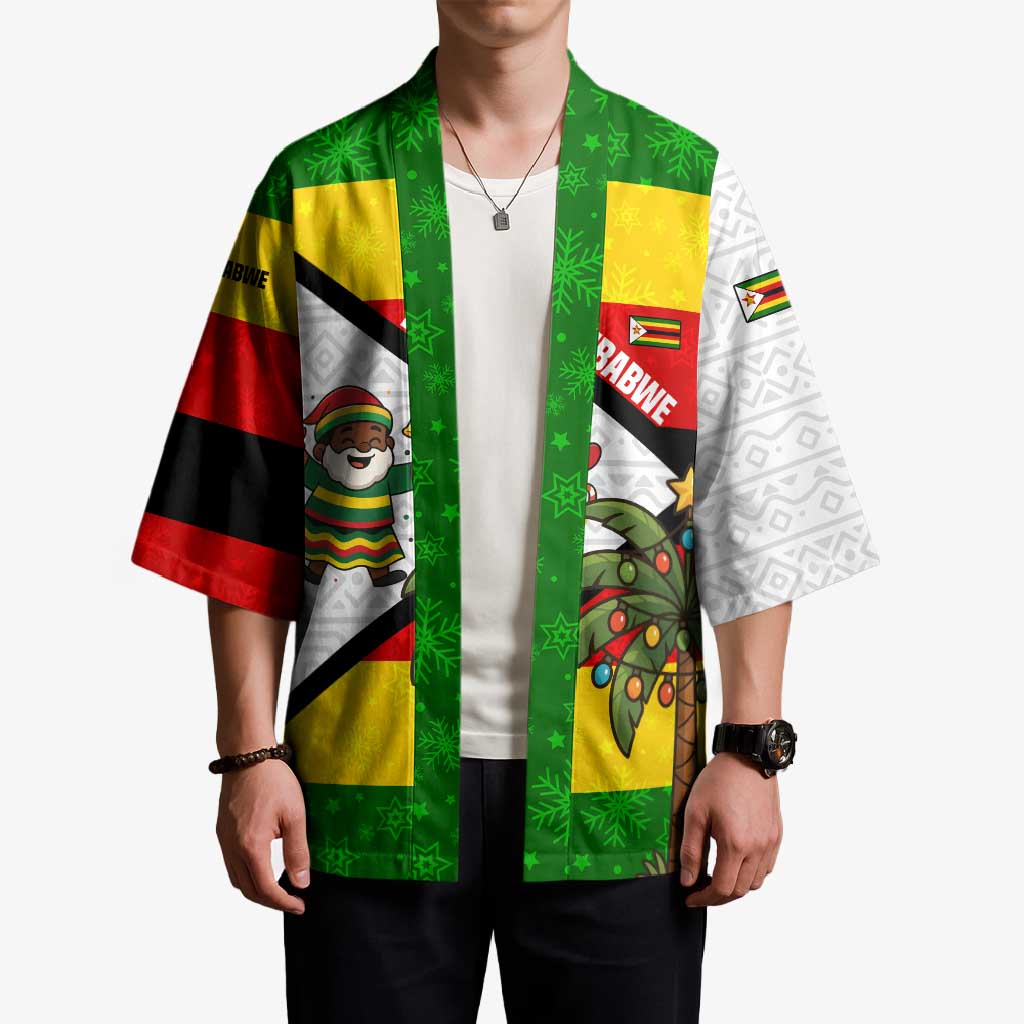 Zimbabwe Christmas Kimono with Festive Santa Palm Tree and Red Yellow Green Flag - Wonder Print Shop