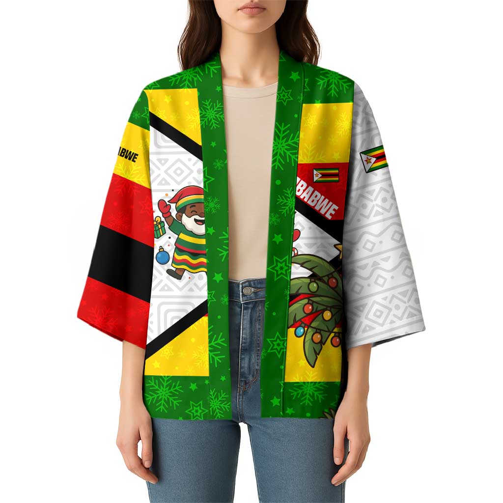 Zimbabwe Christmas Kimono with Festive Santa Palm Tree and Red Yellow Green Flag - Wonder Print Shop
