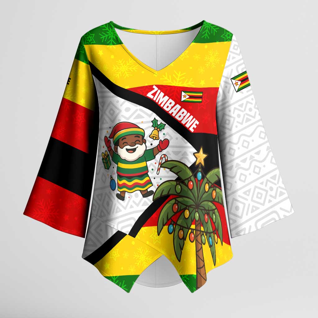 Zimbabwe Christmas Kimono Sleeve Blouse with Festive Santa Palm Tree and Red Yellow Green Flag - Wonder Print Shop