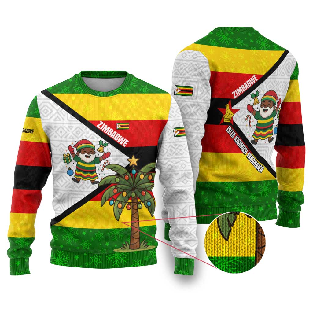 Zimbabwe Christmas Ugly Christmas Sweater with Festive Santa Palm Tree and Red Yellow Green Flag - Wonder Print Shop