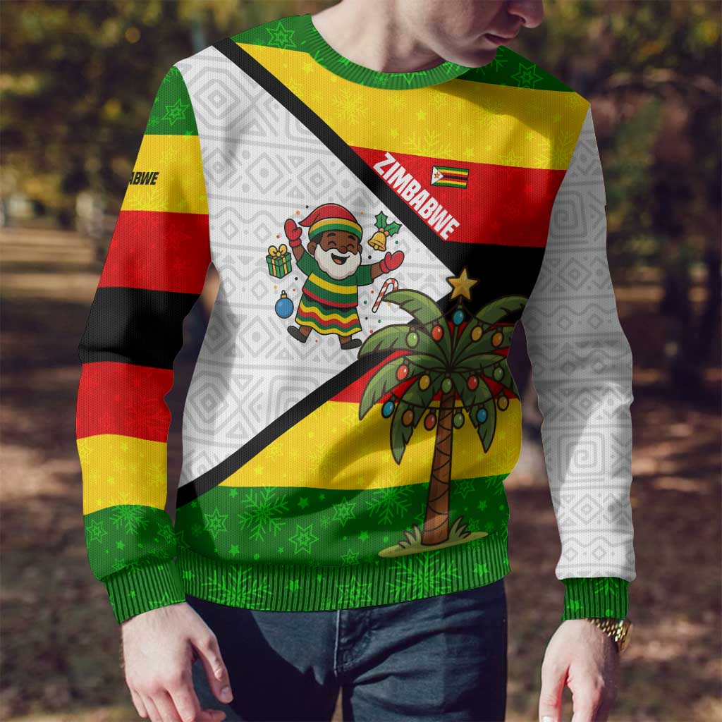 Zimbabwe Christmas Ugly Christmas Sweater with Festive Santa Palm Tree and Red Yellow Green Flag - Wonder Print Shop