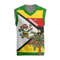 Zimbabwe Christmas Knitted V-Neck Vest with Festive Santa Palm Tree and Red Yellow Green Flag - Wonder Print Shop