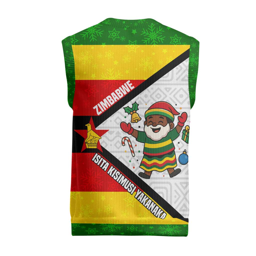 Zimbabwe Christmas Knitted V-Neck Vest with Festive Santa Palm Tree and Red Yellow Green Flag - Wonder Print Shop