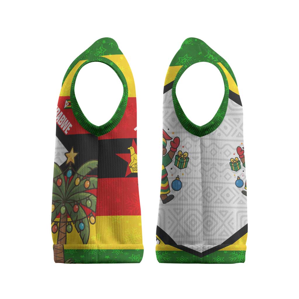 Zimbabwe Christmas Knitted V-Neck Vest with Festive Santa Palm Tree and Red Yellow Green Flag - Wonder Print Shop