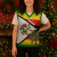 Zimbabwe Christmas Knitted V-Neck Vest with Festive Santa Palm Tree and Red Yellow Green Flag - Wonder Print Shop