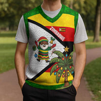 Zimbabwe Christmas Knitted V-Neck Vest with Festive Santa Palm Tree and Red Yellow Green Flag - Wonder Print Shop