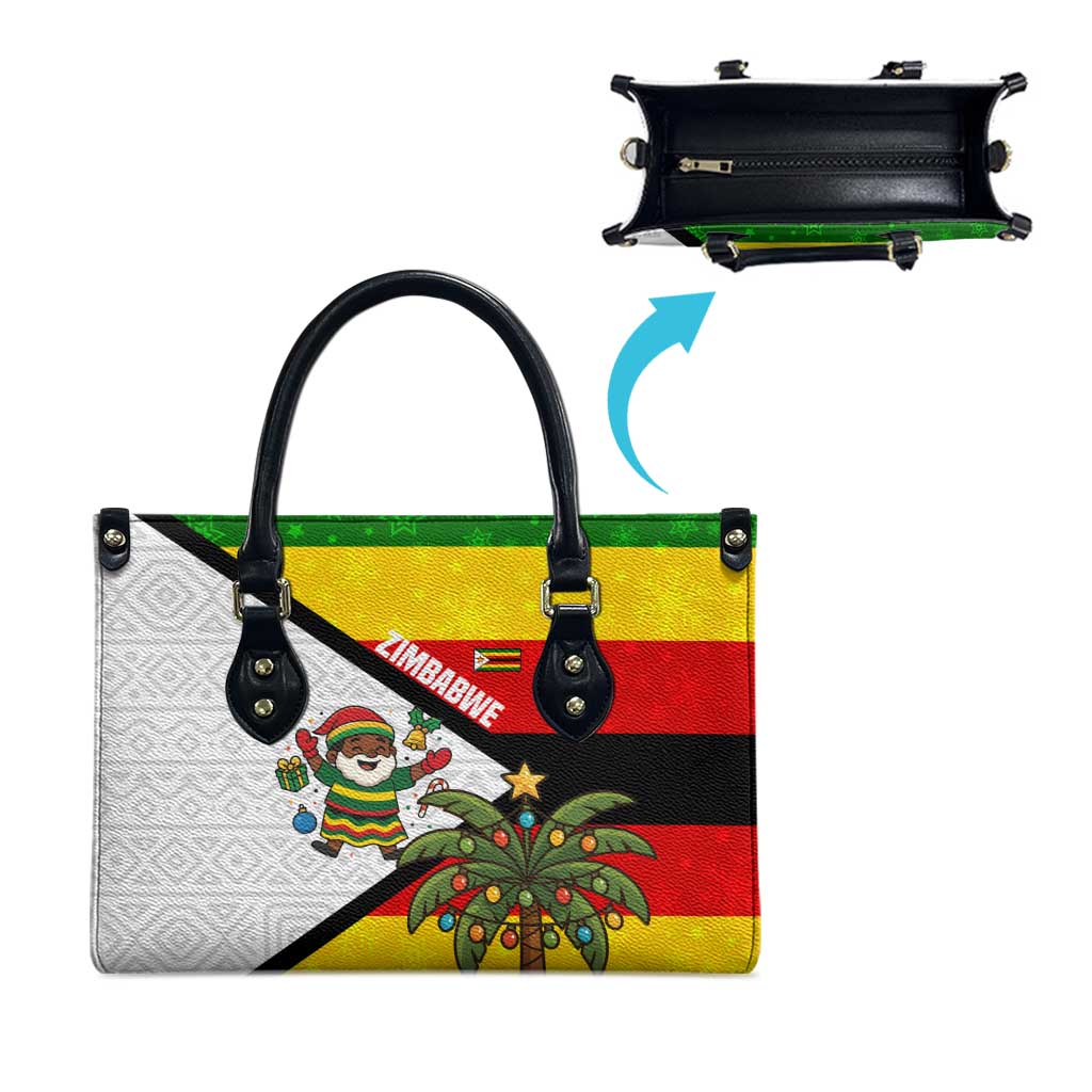 Zimbabwe Christmas Leather Bag with Festive Santa Palm Tree and Red Yellow Green Flag - Wonder Print Shop