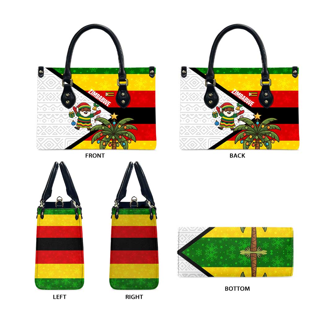 Zimbabwe Christmas Leather Bag with Festive Santa Palm Tree and Red Yellow Green Flag - Wonder Print Shop