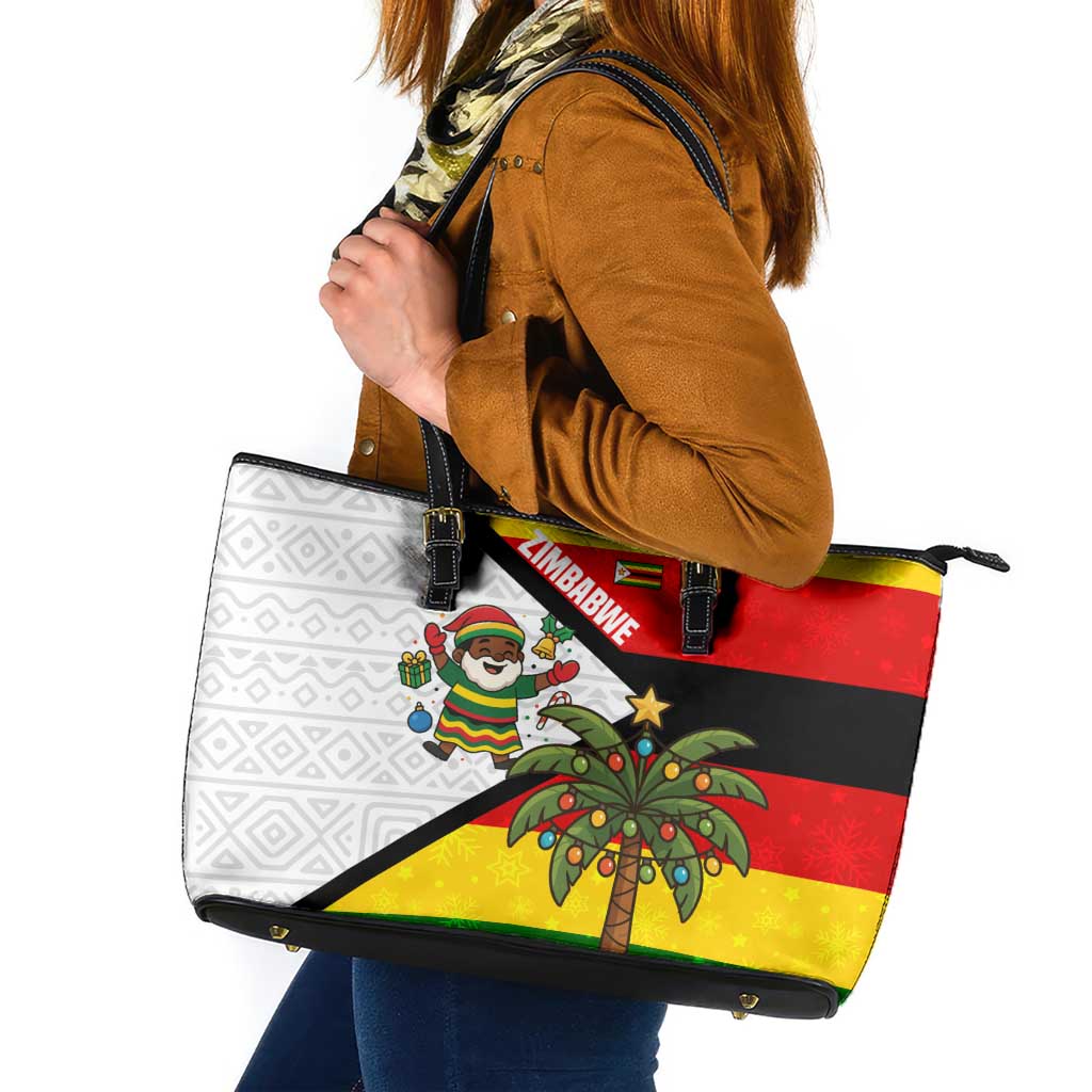 Zimbabwe Christmas Leather Tote Bag with Festive Santa Palm Tree and Red Yellow Green Flag - Wonder Print Shop