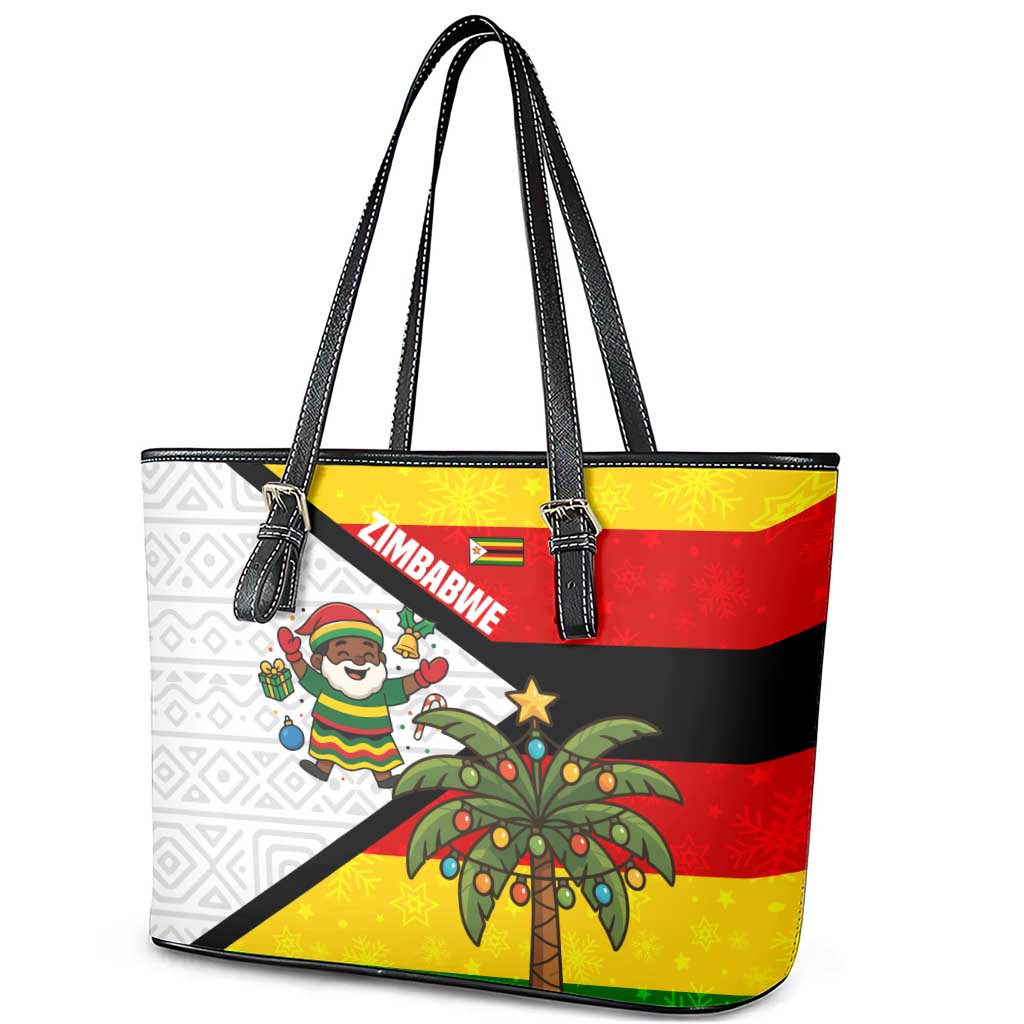 Zimbabwe Christmas Leather Tote Bag with Festive Santa Palm Tree and Red Yellow Green Flag - Wonder Print Shop