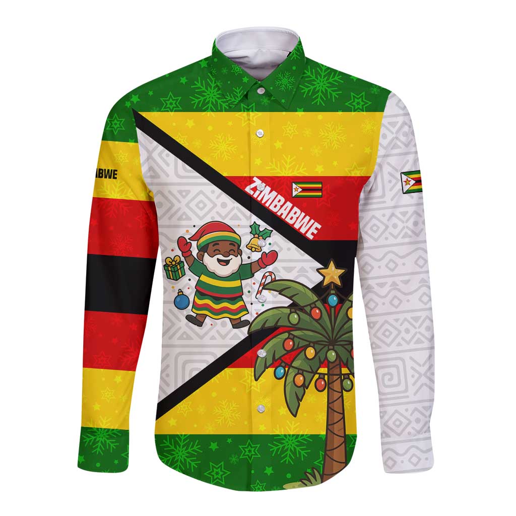 Zimbabwe Christmas Long Sleeve Button Shirt with Festive Santa Palm Tree and Red Yellow Green Flag - Wonder Print Shop