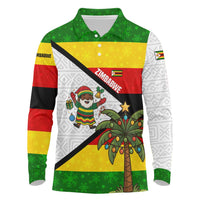 Zimbabwe Christmas Long Sleeve Polo Shirt with Festive Santa Palm Tree and Red Yellow Green Flag - Wonder Print Shop